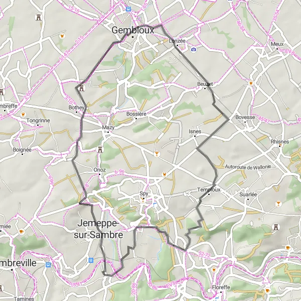 Map miniature of "Gems of Gembloux" cycling inspiration in Prov. Namur, Belgium. Generated by Tarmacs.app cycling route planner