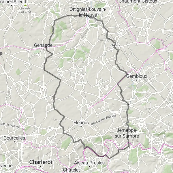 Karten-Miniaturansicht der Radinspiration "Schlösser und Bauernhöfe Route" in Prov. Namur, Belgium. Erstellt vom Tarmacs.app-Routenplaner für Radtouren