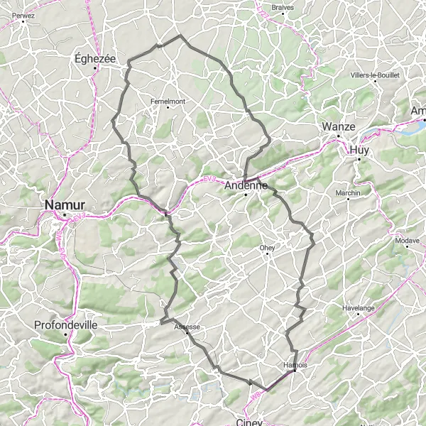 Map miniature of "Hamois to Émeville Road Route" cycling inspiration in Prov. Namur, Belgium. Generated by Tarmacs.app cycling route planner