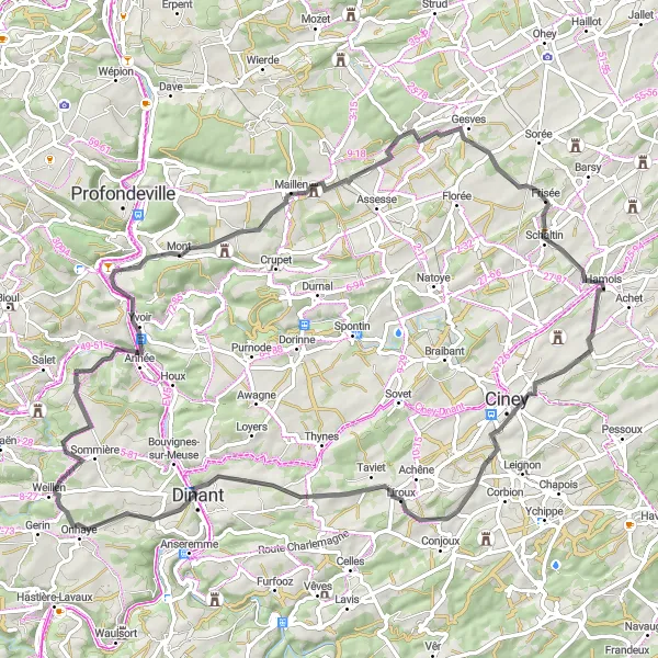 Miniatuurkaart van de fietsinspiratie "Wegroute Hamois - Frisée" in Prov. Namur, Belgium. Gemaakt door de Tarmacs.app fietsrouteplanner