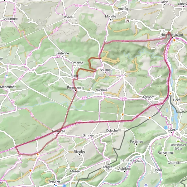 Map miniature of "Hastière-Lavaux Round-Trip Gravel Route" cycling inspiration in Prov. Namur, Belgium. Generated by Tarmacs.app cycling route planner