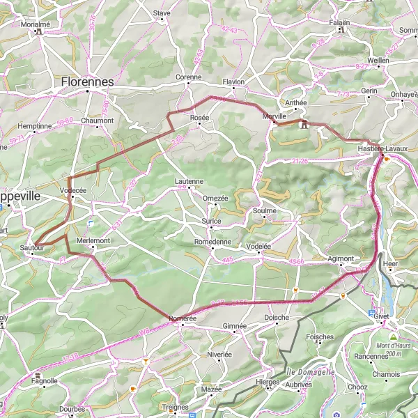 Map miniature of "Hastière-Lavaux Round-Trip Gravel Route" cycling inspiration in Prov. Namur, Belgium. Generated by Tarmacs.app cycling route planner