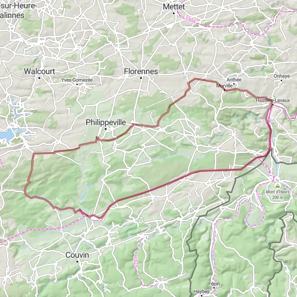 Miniature de la carte de l'inspiration cycliste "Itinéraire de VTT gravel à proximité de Hastière-Lavaux" dans la Prov. Namur, Belgium. Générée par le planificateur d'itinéraire cycliste Tarmacs.app
