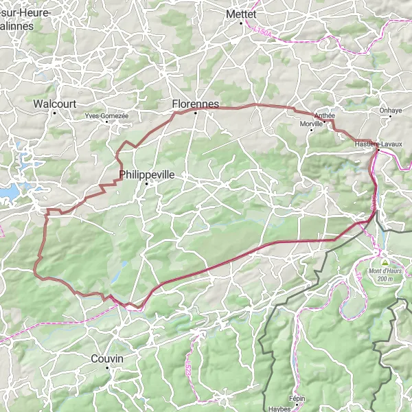 Map miniature of "Hastière-Lavaux Round-Trip Gravel Route" cycling inspiration in Prov. Namur, Belgium. Generated by Tarmacs.app cycling route planner