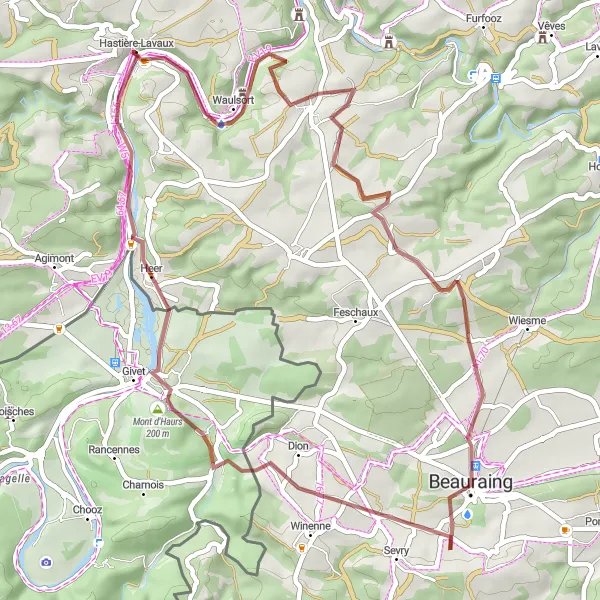 Map miniature of "Hastière-Lavaux to Finnevaux Gravel Route" cycling inspiration in Prov. Namur, Belgium. Generated by Tarmacs.app cycling route planner