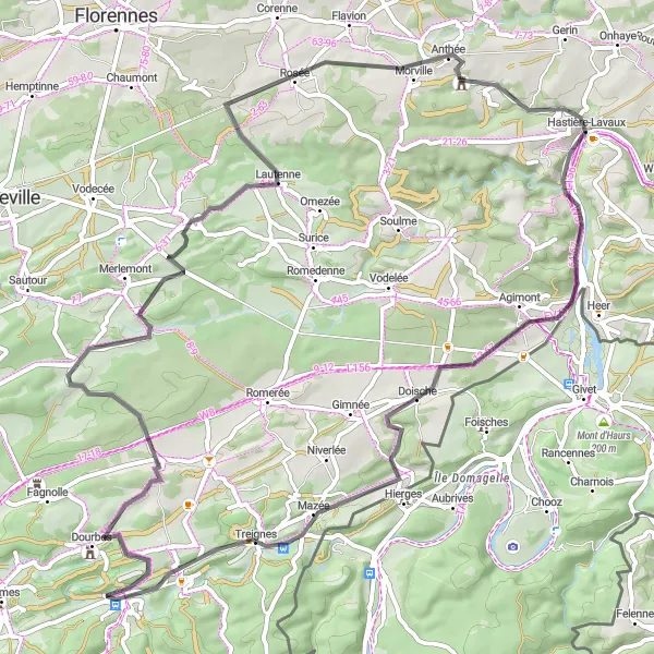 Karten-Miniaturansicht der Radinspiration "Die malerische Fahrradroute von Hastière-Lavaux" in Prov. Namur, Belgium. Erstellt vom Tarmacs.app-Routenplaner für Radtouren