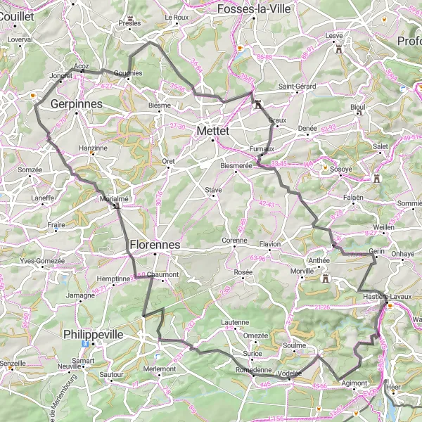 Miniature de la carte de l'inspiration cycliste "Randonnée cycliste exigeante au départ de Hastière-Lavaux" dans la Prov. Namur, Belgium. Générée par le planificateur d'itinéraire cycliste Tarmacs.app