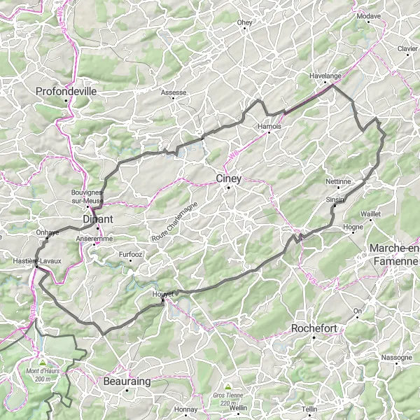 Map miniature of "Hastière-Lavaux Round-Trip Road Route" cycling inspiration in Prov. Namur, Belgium. Generated by Tarmacs.app cycling route planner