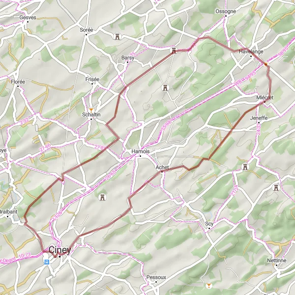 Miniatuurkaart van de fietsinspiratie "Grindpadroute van Havelange" in Prov. Namur, Belgium. Gemaakt door de Tarmacs.app fietsrouteplanner