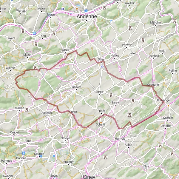 Miniature de la carte de l'inspiration cycliste "Exploration de Buresse et Ohey en Gravel" dans la Prov. Namur, Belgium. Générée par le planificateur d'itinéraire cycliste Tarmacs.app