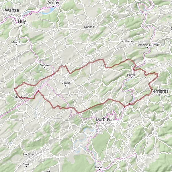 Miniatuurkaart van de fietsinspiratie "Gravel Route rond Havelange" in Prov. Namur, Belgium. Gemaakt door de Tarmacs.app fietsrouteplanner