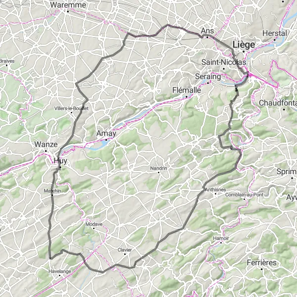 Miniature de la carte de l'inspiration cycliste "Circuit routier de Havelange à travers Marchin, Haneffe et Bende" dans la Prov. Namur, Belgium. Générée par le planificateur d'itinéraire cycliste Tarmacs.app