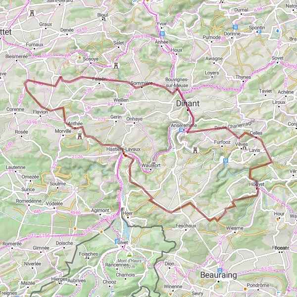 Karten-Miniaturansicht der Radinspiration "Falaën-Château de Noisy Gravel Rundkurs" in Prov. Namur, Belgium. Erstellt vom Tarmacs.app-Routenplaner für Radtouren