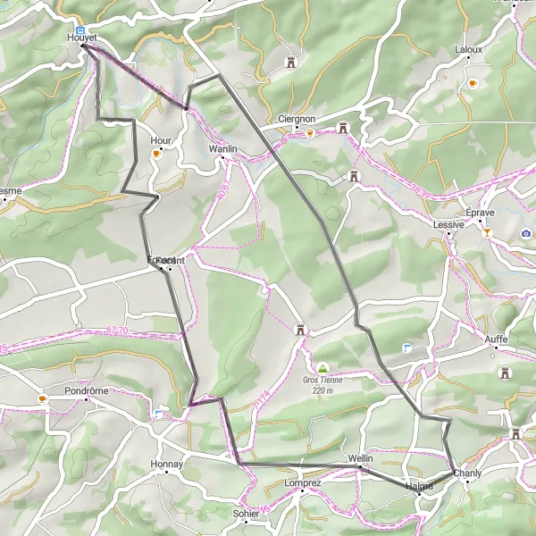 Miniatuurkaart van de fietsinspiratie "Rondrit vanuit Houyet naar Chanly en Hour" in Prov. Namur, Belgium. Gemaakt door de Tarmacs.app fietsrouteplanner