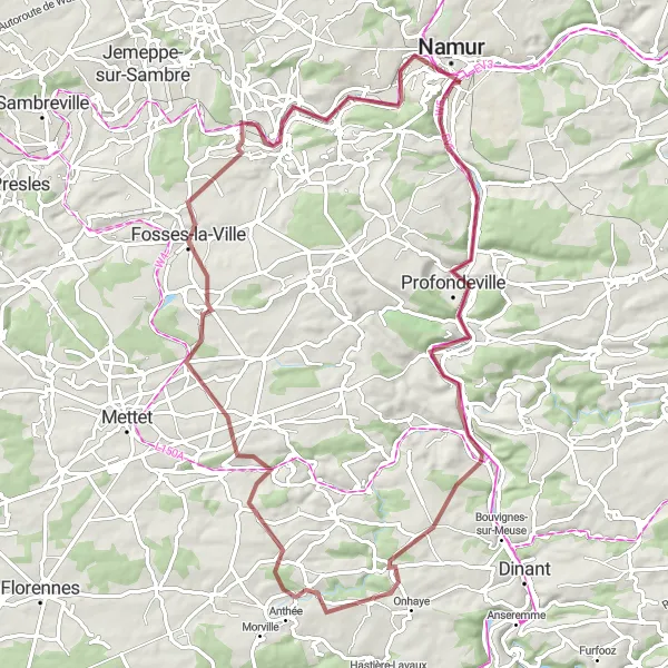 Map miniature of "Rural Gravel Path Adventure" cycling inspiration in Prov. Namur, Belgium. Generated by Tarmacs.app cycling route planner