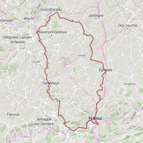 Miniatuurkaart van de fietsinspiratie "Gravelavontuur door de natuur van Namen" in Prov. Namur, Belgium. Gemaakt door de Tarmacs.app fietsrouteplanner