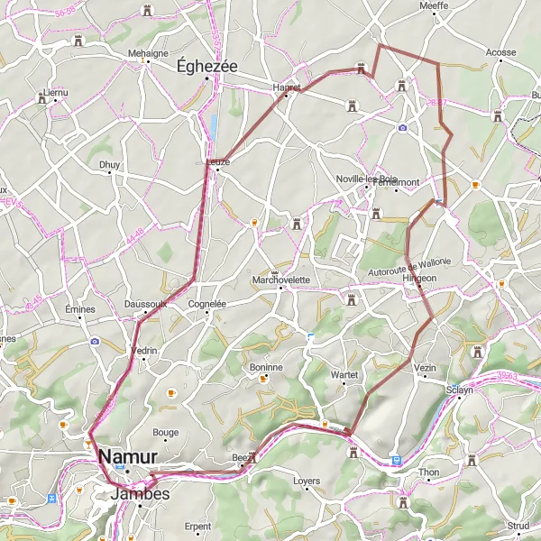 Karten-Miniaturansicht der Radinspiration "Gravel-Rundfahrt von Jambes zur Zitadelle von Namur" in Prov. Namur, Belgium. Erstellt vom Tarmacs.app-Routenplaner für Radtouren