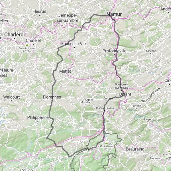 Miniature de la carte de l'inspiration cycliste "Le Tour de Yvoir et Dinant" dans la Prov. Namur, Belgium. Générée par le planificateur d'itinéraire cycliste Tarmacs.app