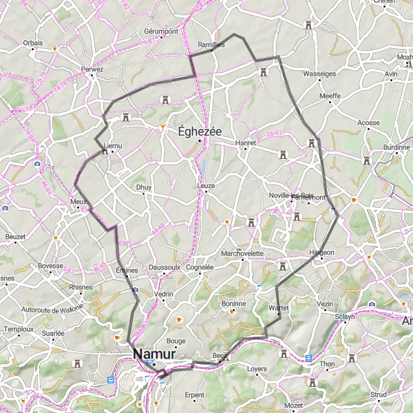 Map miniature of "Namur Road Tour" cycling inspiration in Prov. Namur, Belgium. Generated by Tarmacs.app cycling route planner