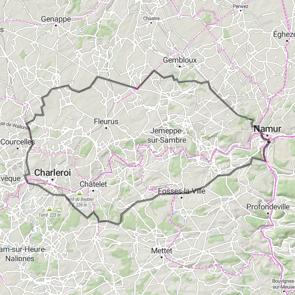 Miniatuurkaart van de fietsinspiratie "Wielrennen door het platteland van Namen" in Prov. Namur, Belgium. Gemaakt door de Tarmacs.app fietsrouteplanner