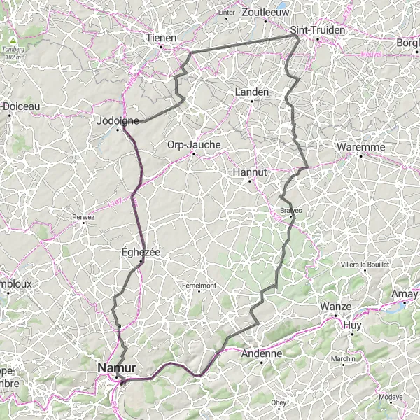 Karten-Miniaturansicht der Radinspiration "Rennradtour durch die malerischen Dörfer rund um Jambes" in Prov. Namur, Belgium. Erstellt vom Tarmacs.app-Routenplaner für Radtouren