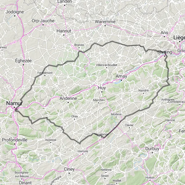 Miniatuurkaart van de fietsinspiratie "Rondrit vanuit Jambes naar Havelange en terug" in Prov. Namur, Belgium. Gemaakt door de Tarmacs.app fietsrouteplanner