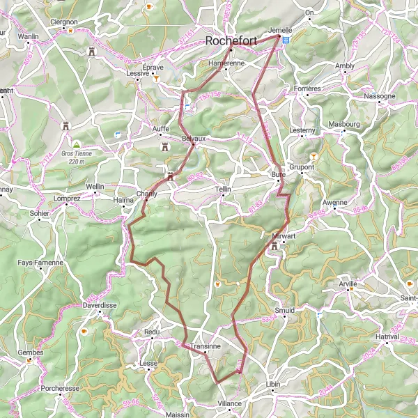 Map miniature of "Jemelle - Château de Mirwart - Transinne - Chanly - Han-sur-Lesse - Rochefort" cycling inspiration in Prov. Namur, Belgium. Generated by Tarmacs.app cycling route planner