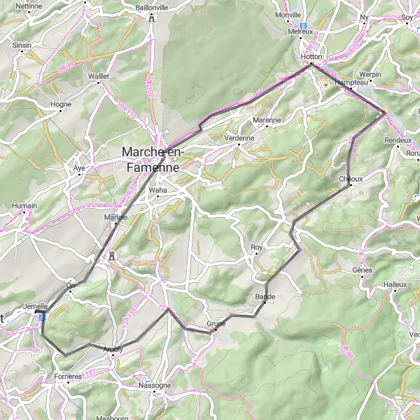 Miniature de la carte de l'inspiration cycliste "Parcours du Bois de Lhomme et de l'Homme à Jemelle" dans la Prov. Namur, Belgium. Générée par le planificateur d'itinéraire cycliste Tarmacs.app