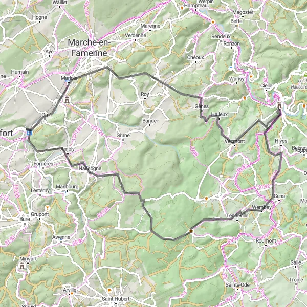 Map miniature of "Challenging Road Cycling in Tenneville" cycling inspiration in Prov. Namur, Belgium. Generated by Tarmacs.app cycling route planner