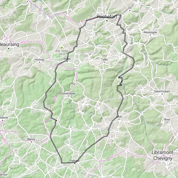 Miniature de la carte de l'inspiration cycliste "Grande Boucle des Châteaux Ardennais" dans la Prov. Namur, Belgium. Générée par le planificateur d'itinéraire cycliste Tarmacs.app