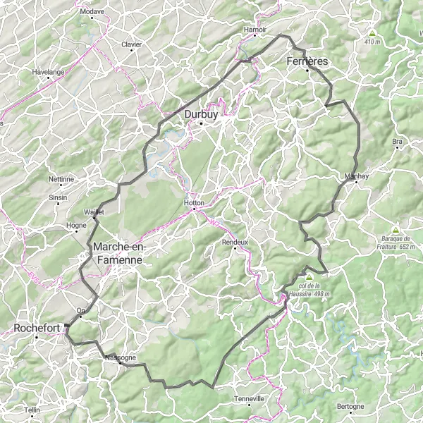 Karten-Miniaturansicht der Radinspiration "Road Cycling Challenge ab Jemelle" in Prov. Namur, Belgium. Erstellt vom Tarmacs.app-Routenplaner für Radtouren