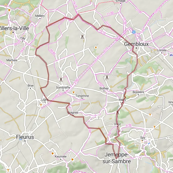Karten-Miniaturansicht der Radinspiration "Gravel-Abenteuer rund um Jemeppe-sur-Sambre" in Prov. Namur, Belgium. Erstellt vom Tarmacs.app-Routenplaner für Radtouren