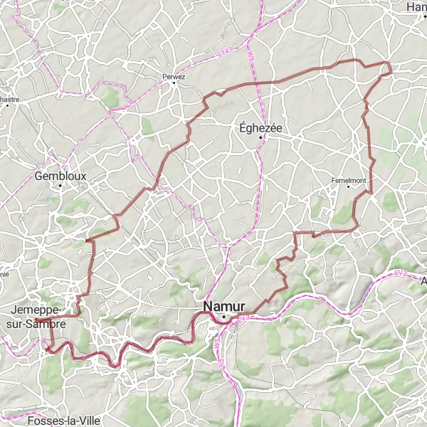 Map miniature of "The Gravel Quest" cycling inspiration in Prov. Namur, Belgium. Generated by Tarmacs.app cycling route planner