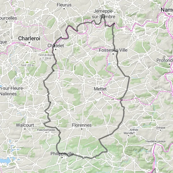 Map miniature of "Road Cycling Journey through Namur Province" cycling inspiration in Prov. Namur, Belgium. Generated by Tarmacs.app cycling route planner