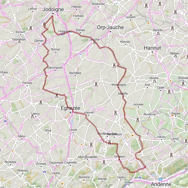 Map miniature of "Hingeon Gravel Loop" cycling inspiration in Prov. Namur, Belgium. Generated by Tarmacs.app cycling route planner