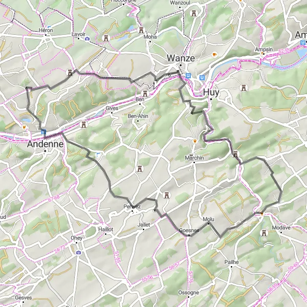 Miniature de la carte de l'inspiration cycliste "Tour du Château de Marsinne" dans la Prov. Namur, Belgium. Générée par le planificateur d'itinéraire cycliste Tarmacs.app