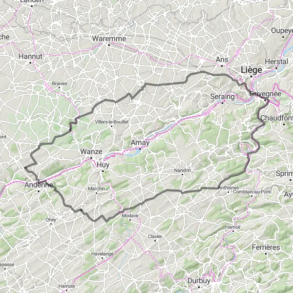 Map miniature of "The Landenne Loop" cycling inspiration in Prov. Namur, Belgium. Generated by Tarmacs.app cycling route planner