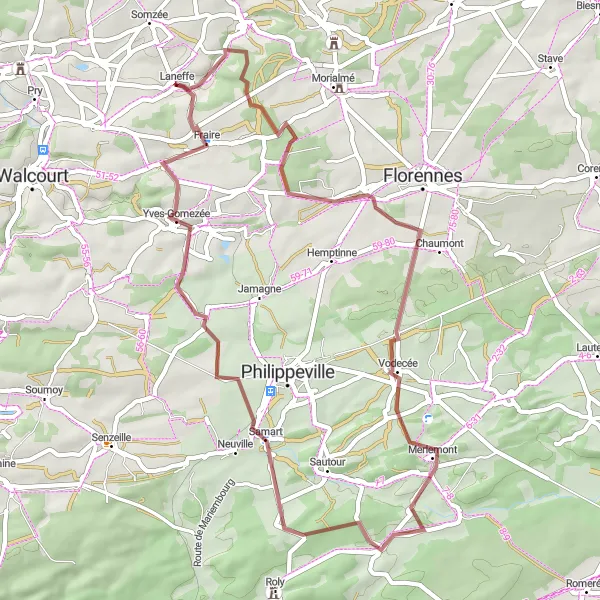 Map miniature of "The Hidden Gems" cycling inspiration in Prov. Namur, Belgium. Generated by Tarmacs.app cycling route planner