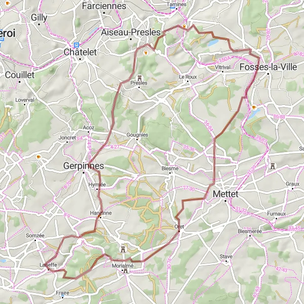 Karten-Miniaturansicht der Radinspiration "Eine abenteuerliche Schotterroute von Laneffe nach Villers-Poterie" in Prov. Namur, Belgium. Erstellt vom Tarmacs.app-Routenplaner für Radtouren
