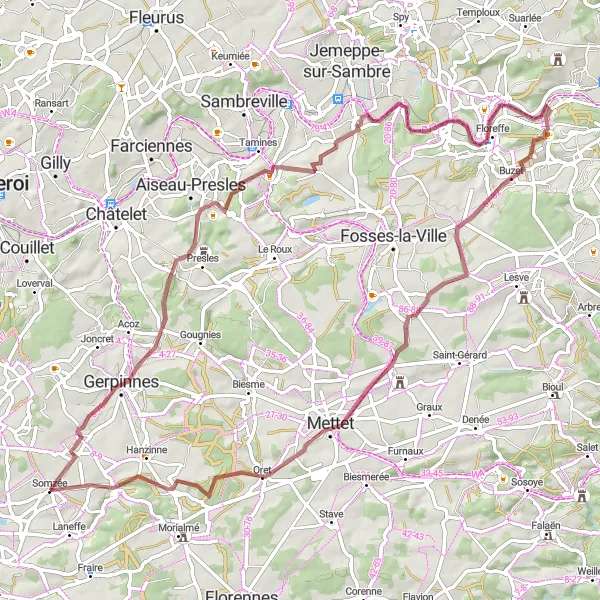 Karten-Miniaturansicht der Radinspiration "Graveltour von/nach Laneffe durch Franière und Buzet" in Prov. Namur, Belgium. Erstellt vom Tarmacs.app-Routenplaner für Radtouren