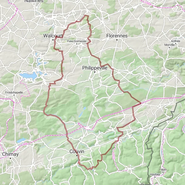 Karten-Miniaturansicht der Radinspiration "Graveltour von/nach Laneffe durch Jamagne und Olloy-sur-Viroin" in Prov. Namur, Belgium. Erstellt vom Tarmacs.app-Routenplaner für Radtouren