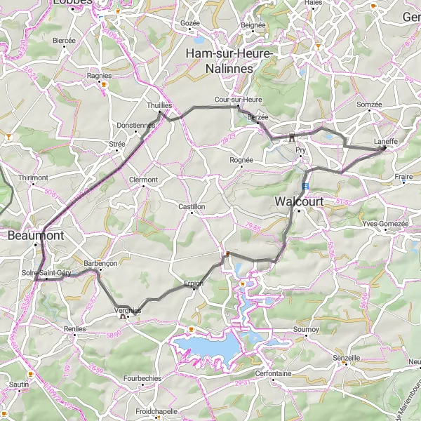 Karten-Miniaturansicht der Radinspiration "Historische Entdeckungen von Laneffe nach Boussu-lez-Walcourt" in Prov. Namur, Belgium. Erstellt vom Tarmacs.app-Routenplaner für Radtouren