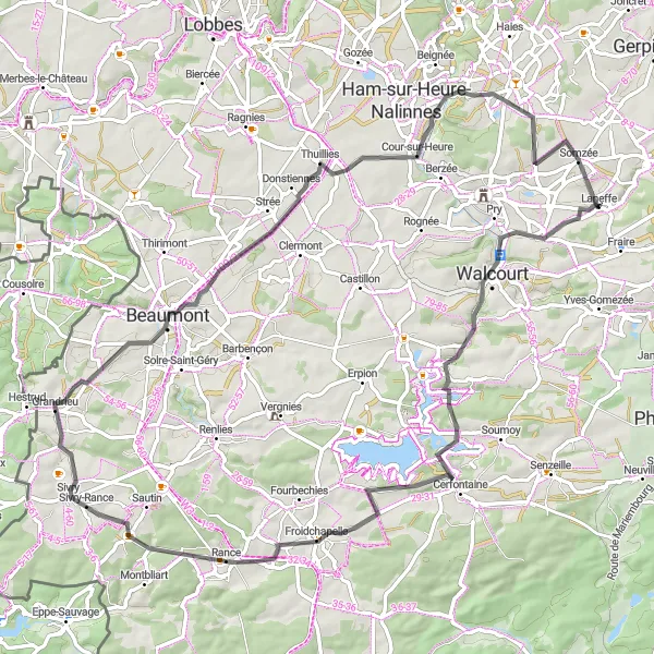 Map miniature of "Laneffe - Chastrès - Froidchapelle - Beaumont - Cour-sur-Heure - Somzée - Laneffe" cycling inspiration in Prov. Namur, Belgium. Generated by Tarmacs.app cycling route planner