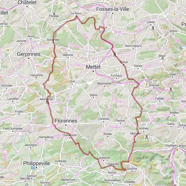 Miniatuurkaart van de fietsinspiratie "Pittoreske gravelroute van Le Roux naar Chapelle Sainte Rolende" in Prov. Namur, Belgium. Gemaakt door de Tarmacs.app fietsrouteplanner