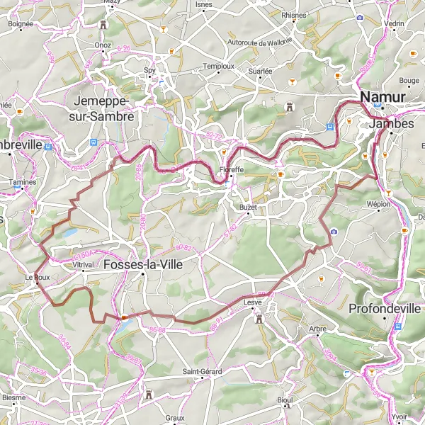 Miniature de la carte de l'inspiration cycliste "Parcours de Vélo tout-terrain près de Le Roux" dans la Prov. Namur, Belgium. Générée par le planificateur d'itinéraire cycliste Tarmacs.app