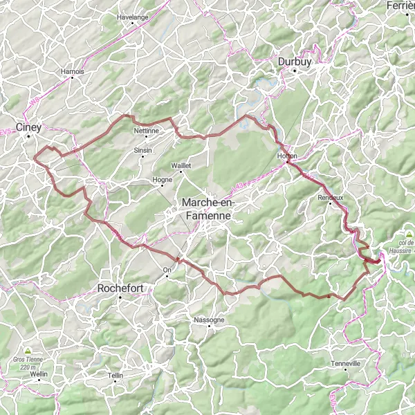 Miniature de la carte de l'inspiration cycliste "Aventure Gravel à travers les Ardennes" dans la Prov. Namur, Belgium. Générée par le planificateur d'itinéraire cycliste Tarmacs.app