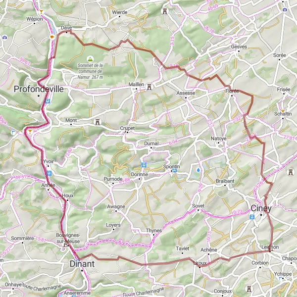 Map miniature of "Dinant and Florée Adventure" cycling inspiration in Prov. Namur, Belgium. Generated by Tarmacs.app cycling route planner