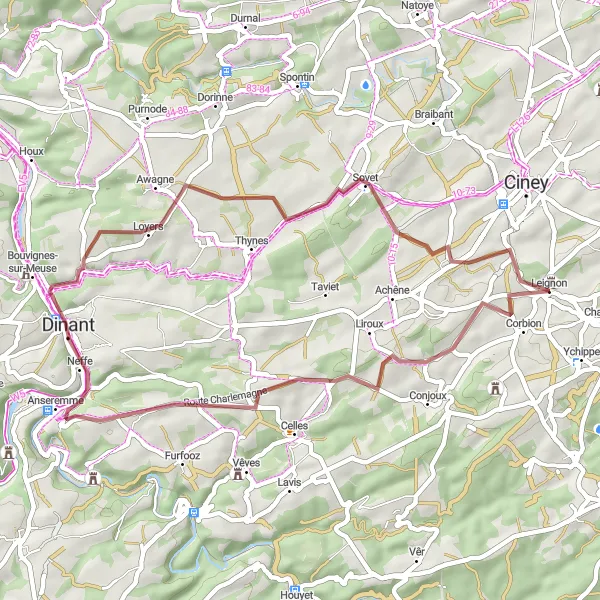 Miniature de la carte de l'inspiration cycliste "Aventure en gravel près de Leignon" dans la Prov. Namur, Belgium. Générée par le planificateur d'itinéraire cycliste Tarmacs.app
