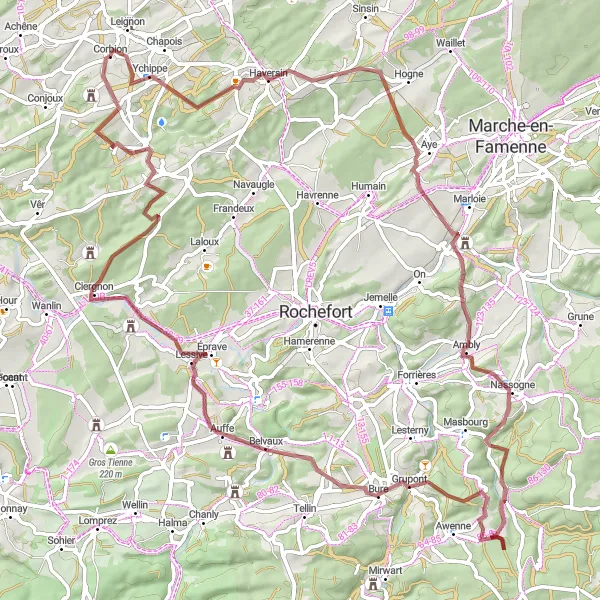 Miniature de la carte de l'inspiration cycliste "Aventure Gravel au Cœur des Ardennes" dans la Prov. Namur, Belgium. Générée par le planificateur d'itinéraire cycliste Tarmacs.app