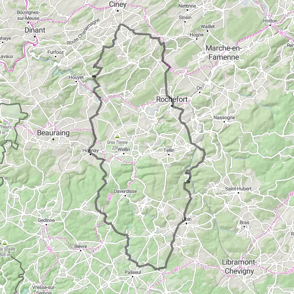 Map miniature of "Wanlin and Libin Adventure" cycling inspiration in Prov. Namur, Belgium. Generated by Tarmacs.app cycling route planner